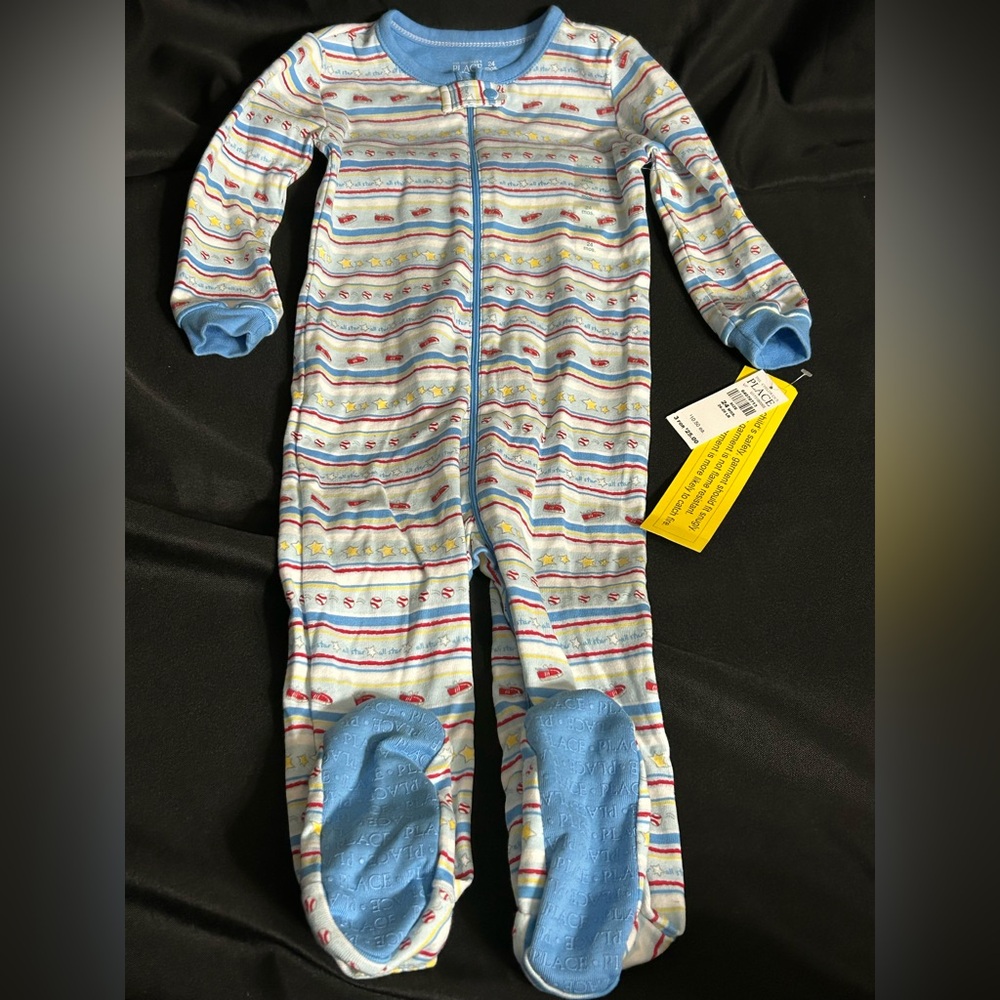 Children’s Place Boys Blue Striped Toddler Footed One-Piece Pajamas 24 MOS NWT